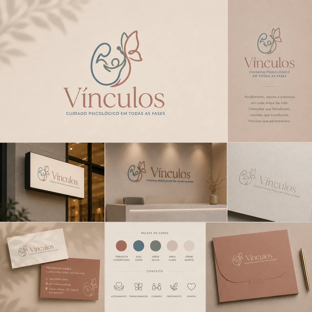 Apresentação completa da identidade visual Vínculos, criada para clínica de psicologia — logo e aplicações da marca