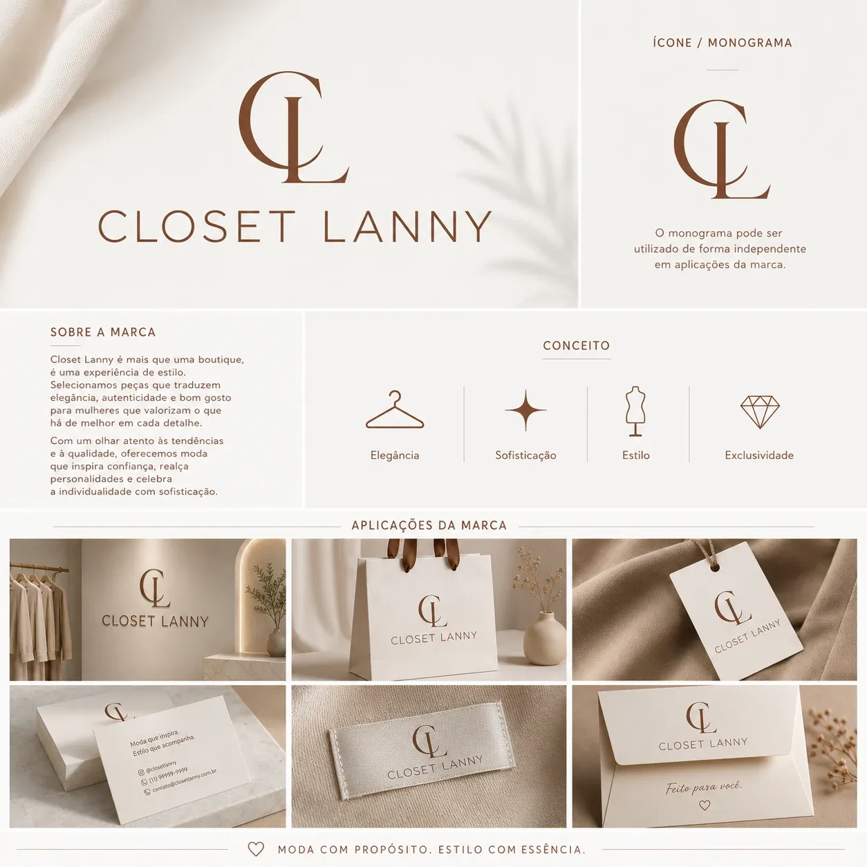 Apresentação completa da identidade visual Closet Lanny, criada para loja de moda feminina — logo e aplicações da marca