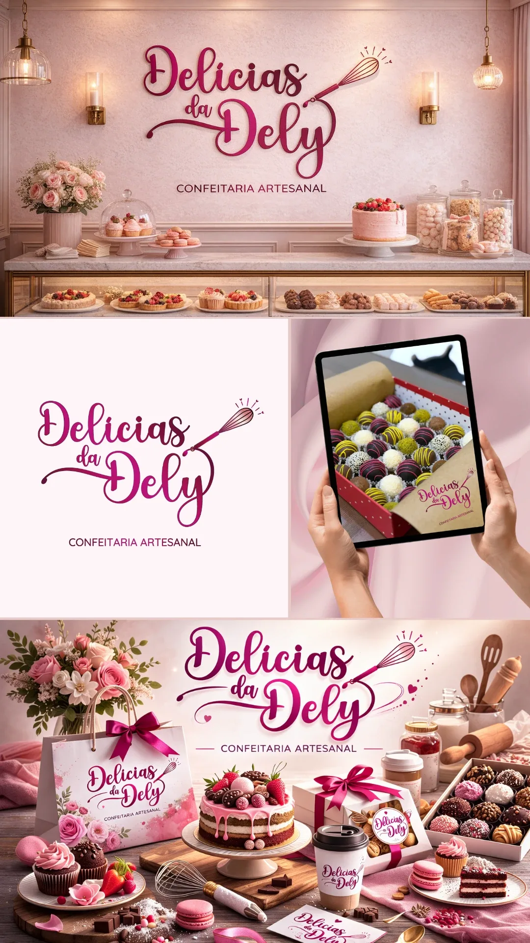Apresentação completa da identidade visual Delícias da Dely, criada para confeitaria artesanal — logo e aplicações da marca