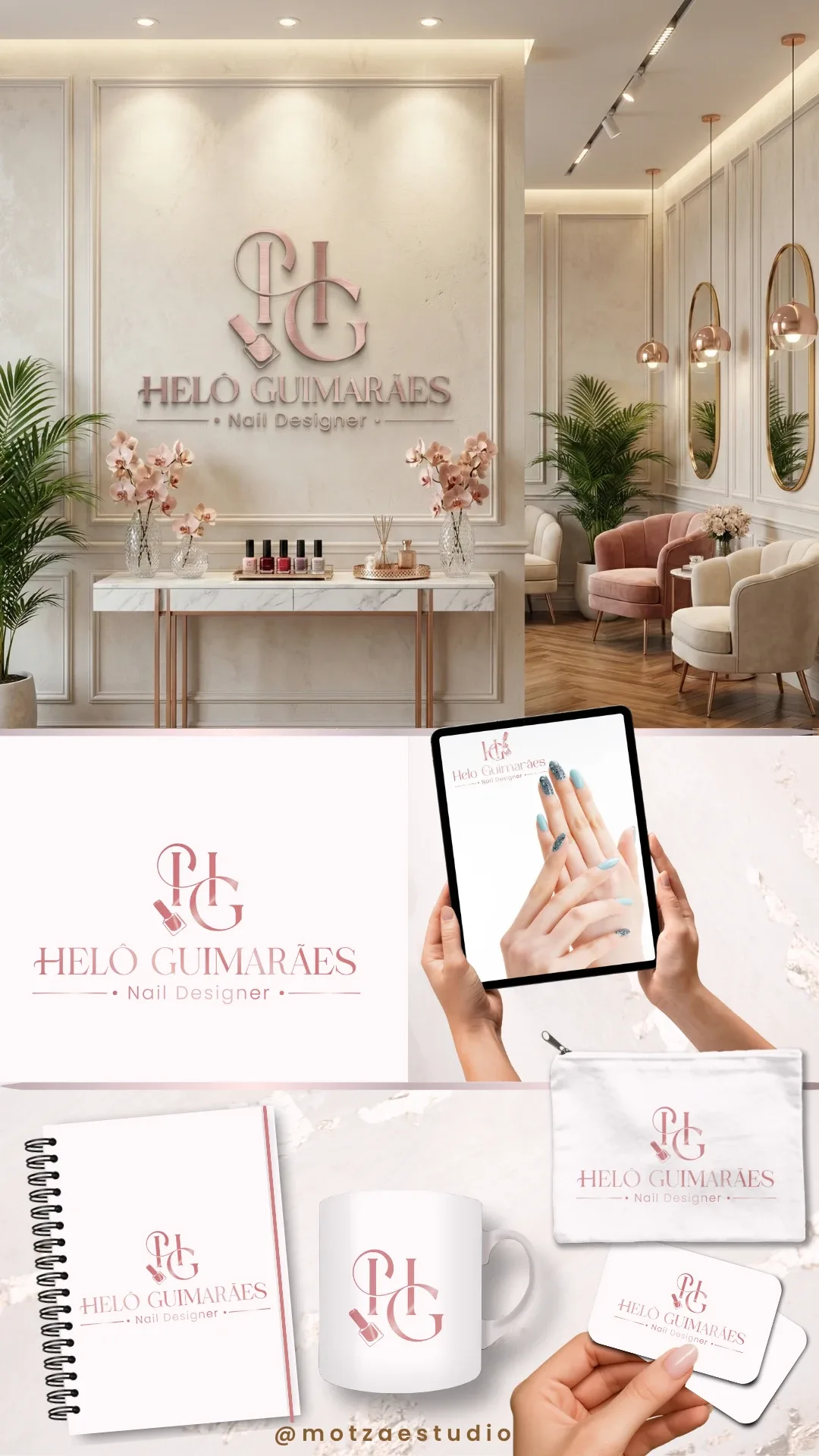 Apresentação completa da identidade visual Helô Guimarães, criada para nail designer — logo e aplicações da marca