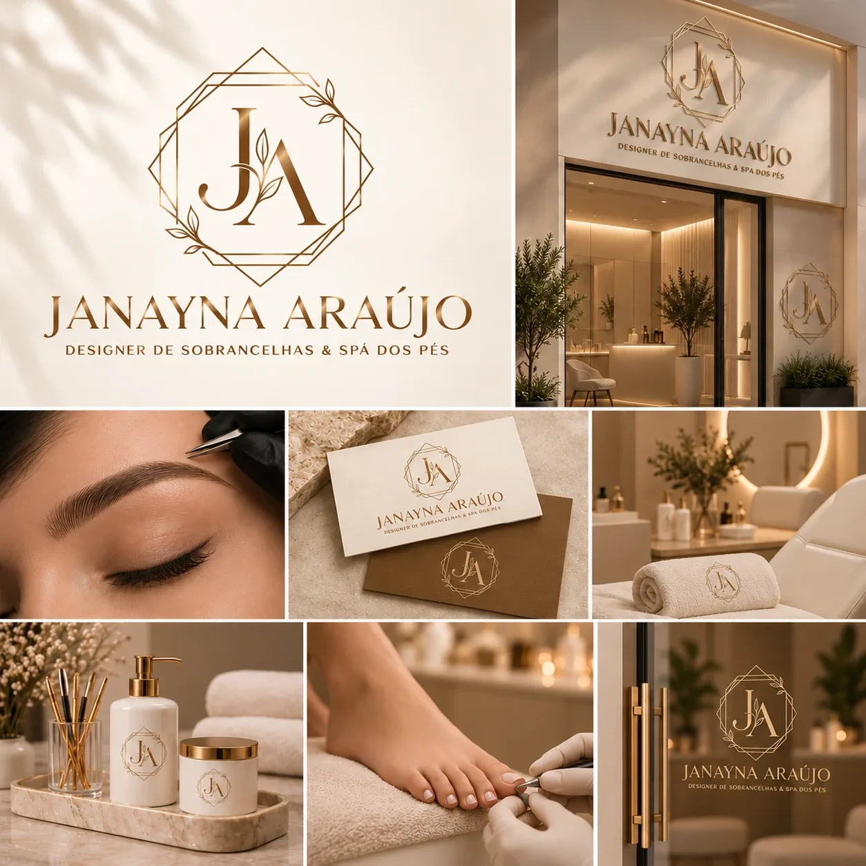 Apresentação completa da identidade visual Janayna Araújo, criada para designer de sobrancelhas — logo e aplicações da marca