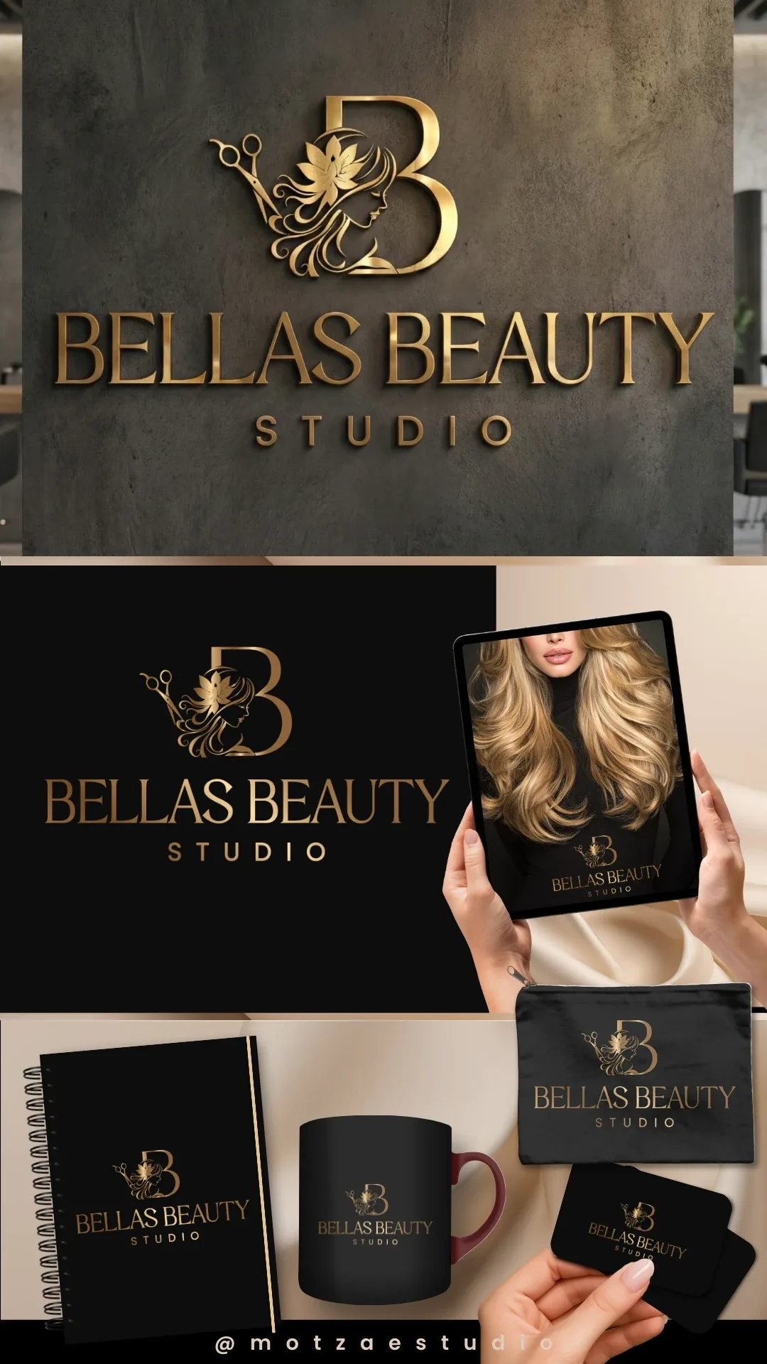 Apresentação completa da identidade visual Bellas Beauty Studio, criada para studio de beleza — logo e aplicações da marca