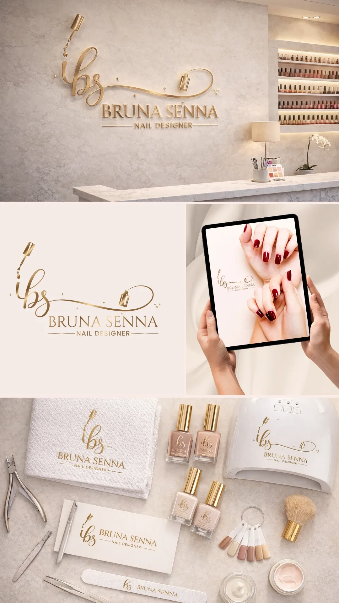 Apresentação completa da identidade visual Bruna Senna, criada para nail designer — logo e aplicações da marca