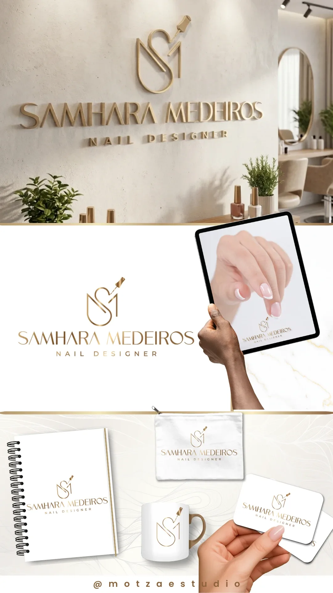 Apresentação completa da identidade visual Samhara Medeiros, criada para nail designer — logo e aplicações da marca